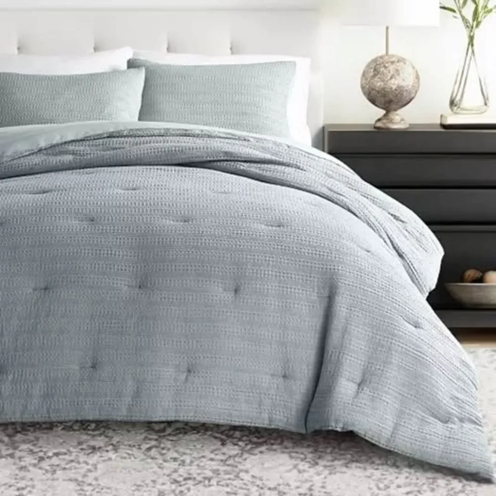 3Pcs Full/Queen Comforter Set Waffle Textured Light Blue NEW